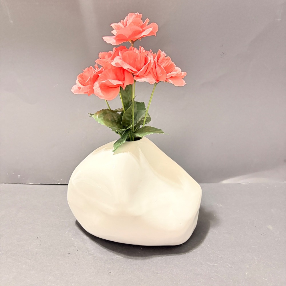 Modernist White Ceramic Asymmetrical Organic Pebble Bud Vase Sculptural Decor